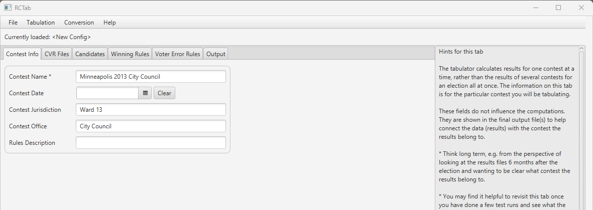 Screenshot of example completed RCTab "Contest Info" tab