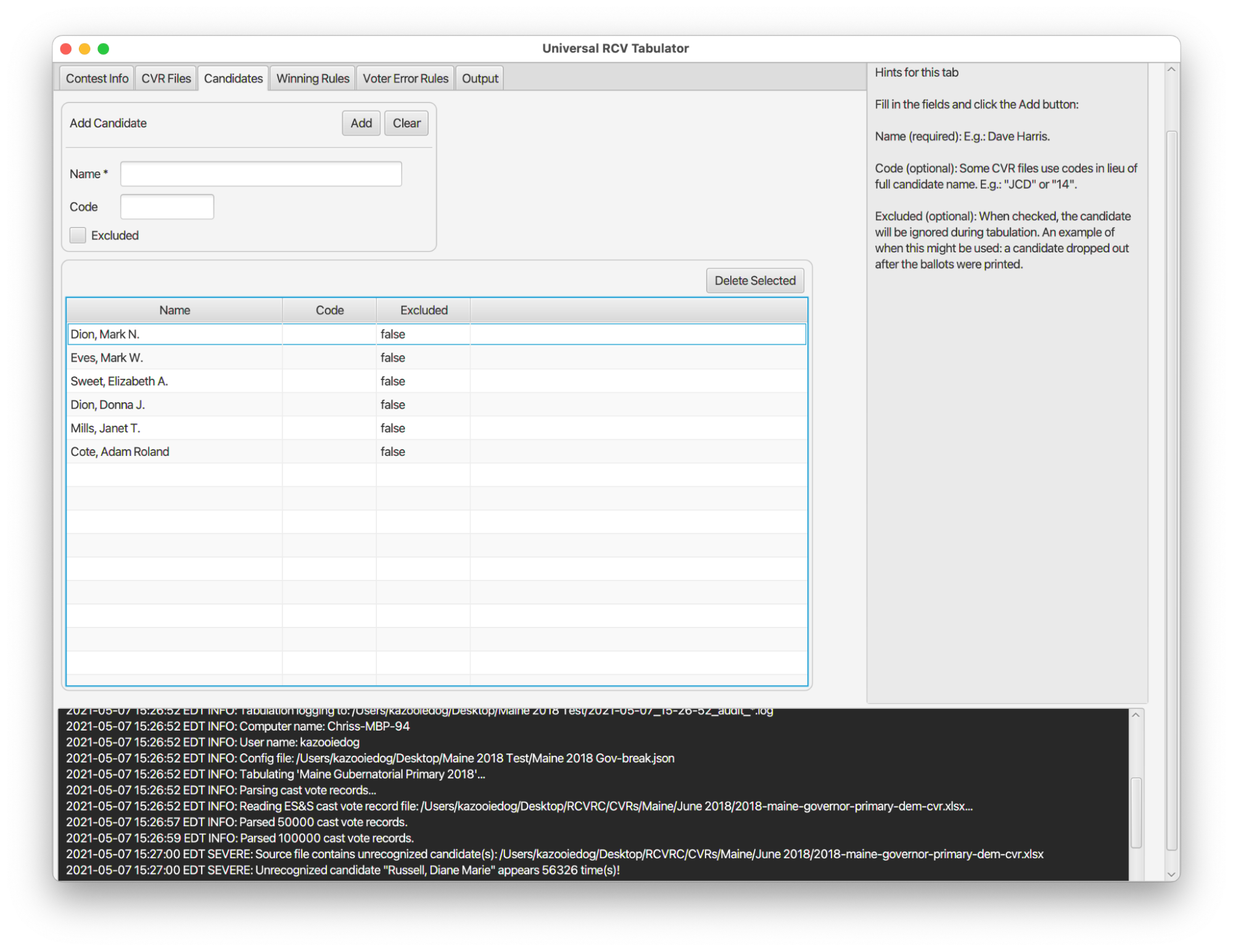 Screenshot of RCTab window with operator log at the bottom