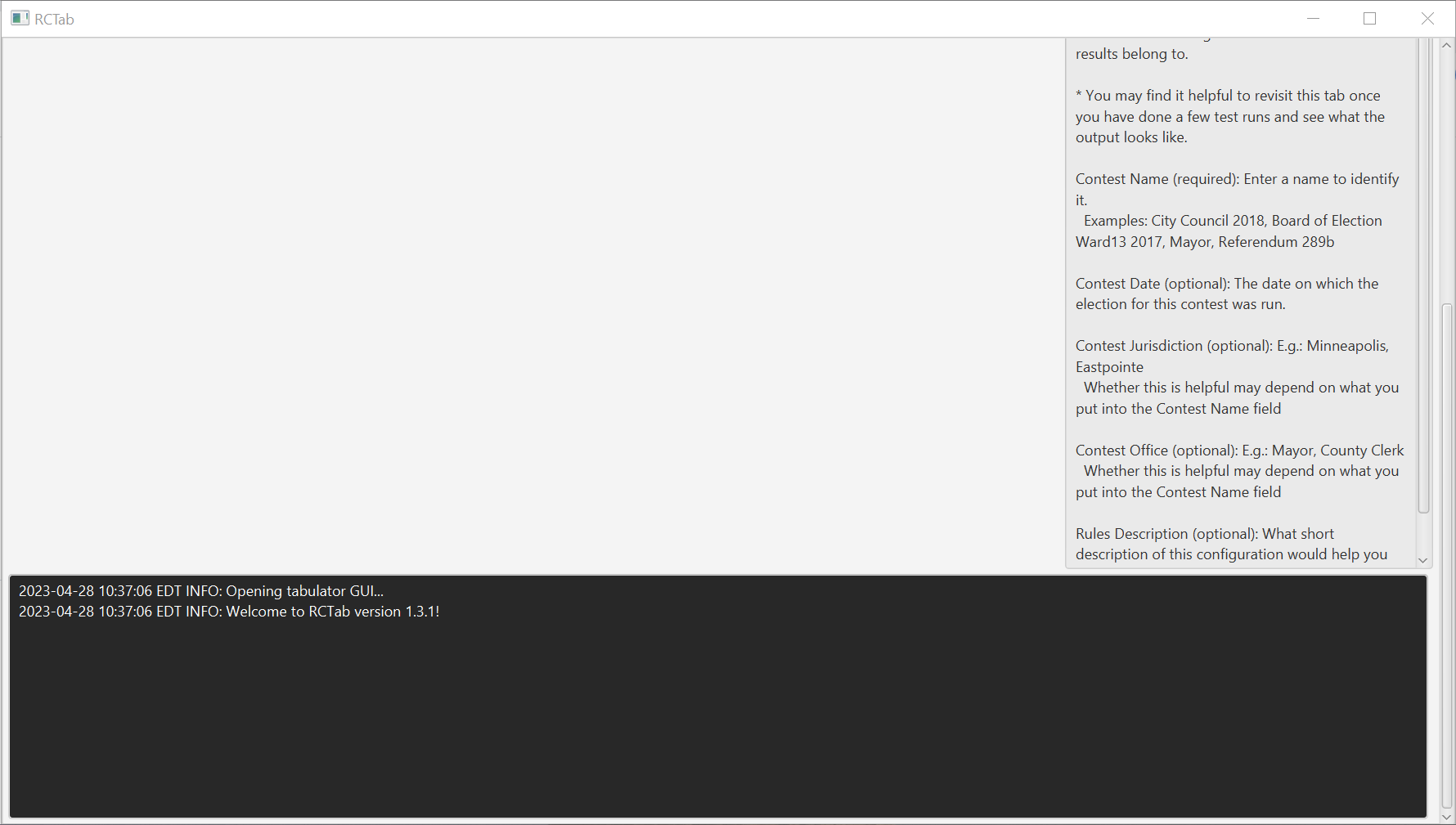 Screenshot of bottom RCTab GUI running, including console log on initialization and part of in-app user guidance