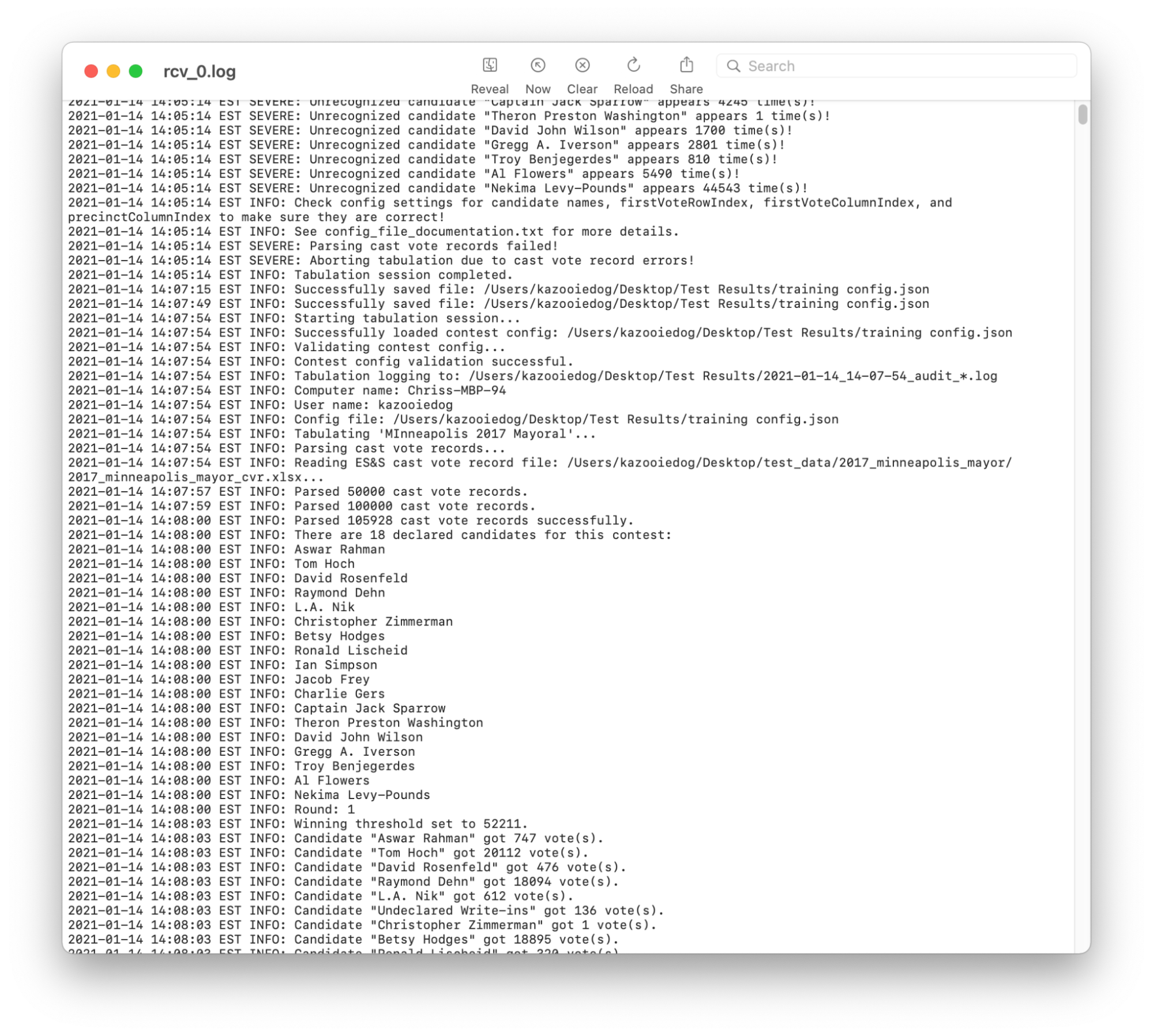 Screenshot of a example RCTab output log