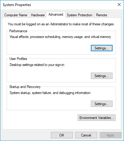 Screenshot of Window's Advanced System Properties