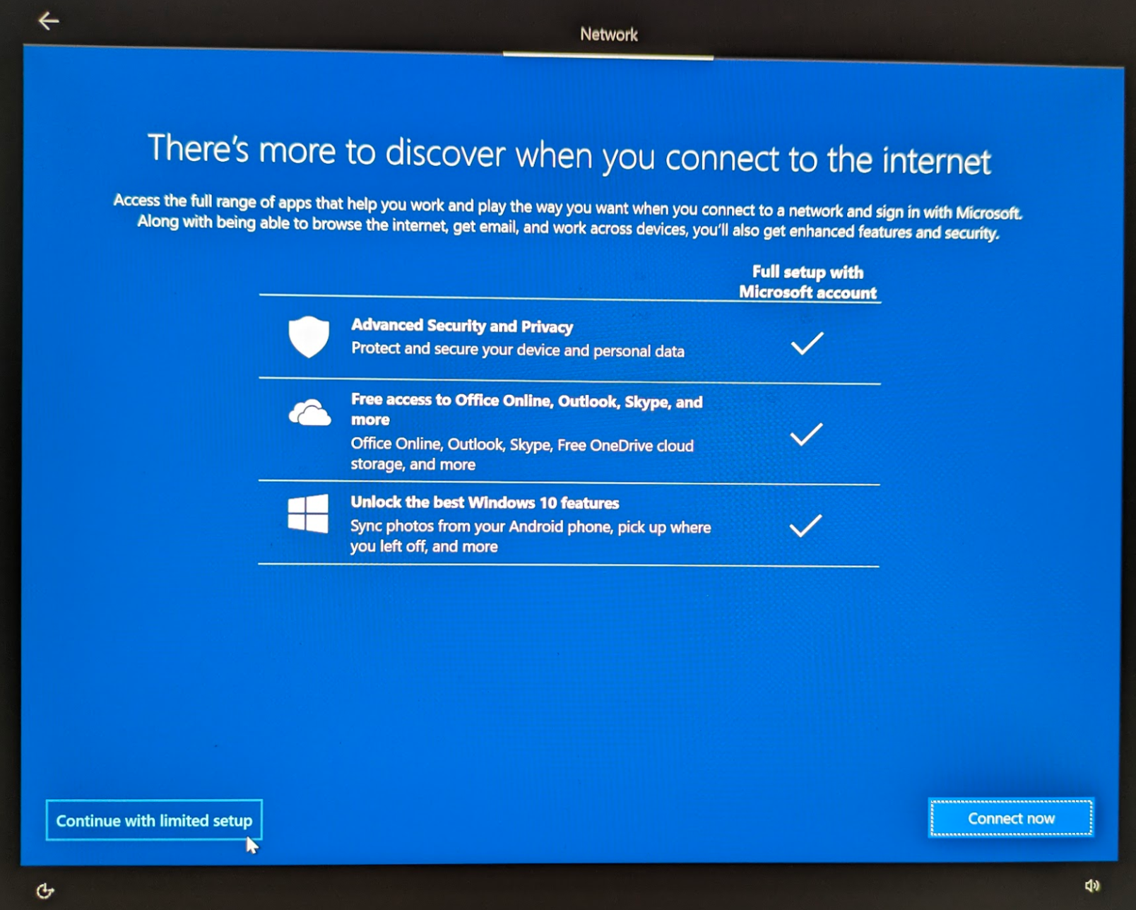 Choosing "Continue with limited setup" on Windows OS install "There's more to discover when you connect to the internet" screen