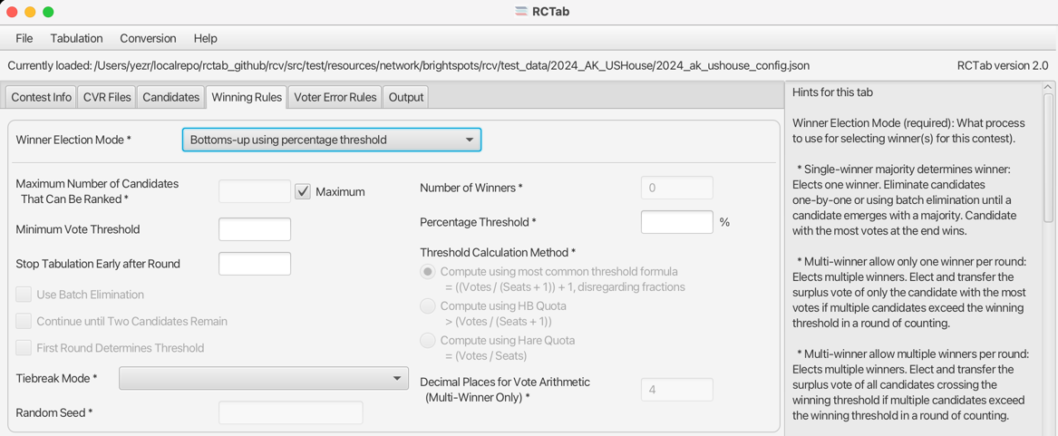 Winning Rules Tab - Bottom Up Using Percentage Threshold