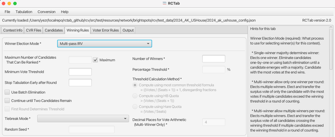 Winning Rules Tab - Multi-Pass IRV