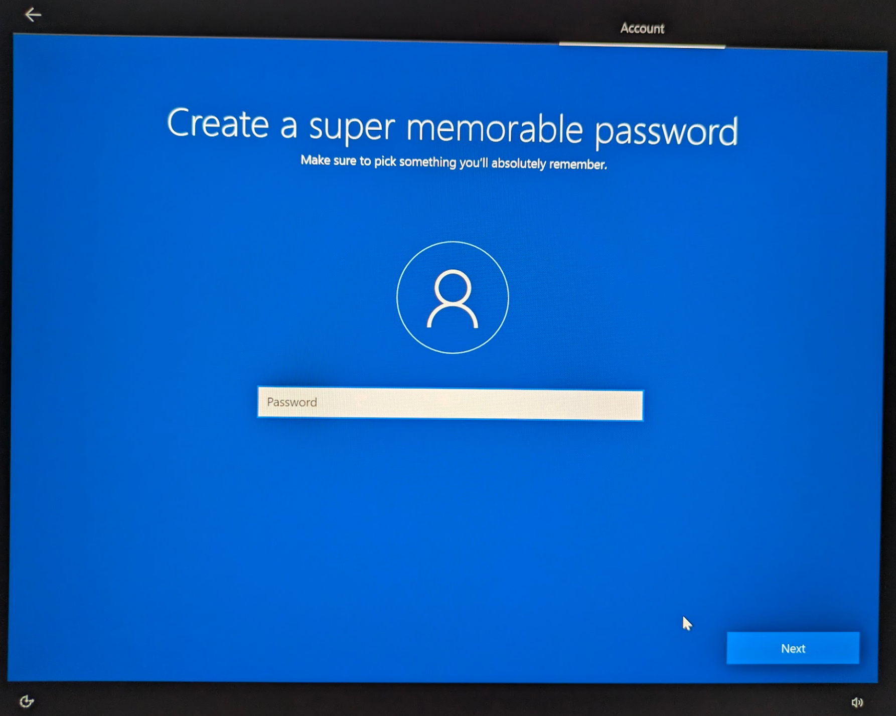 Creating a secure password on Windows OS install "Create a super memorable password" screen