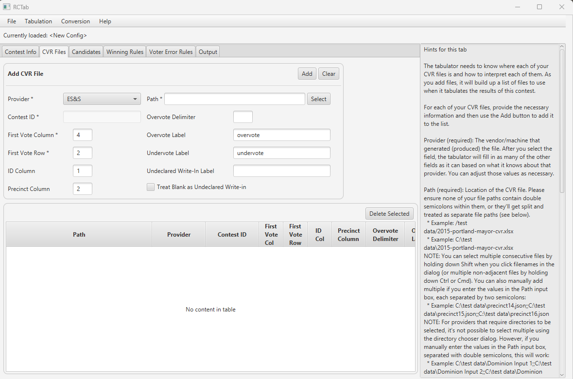 Screenshot of RCTab "CVR Files" tab with "ES&S" chosen as "Provider"