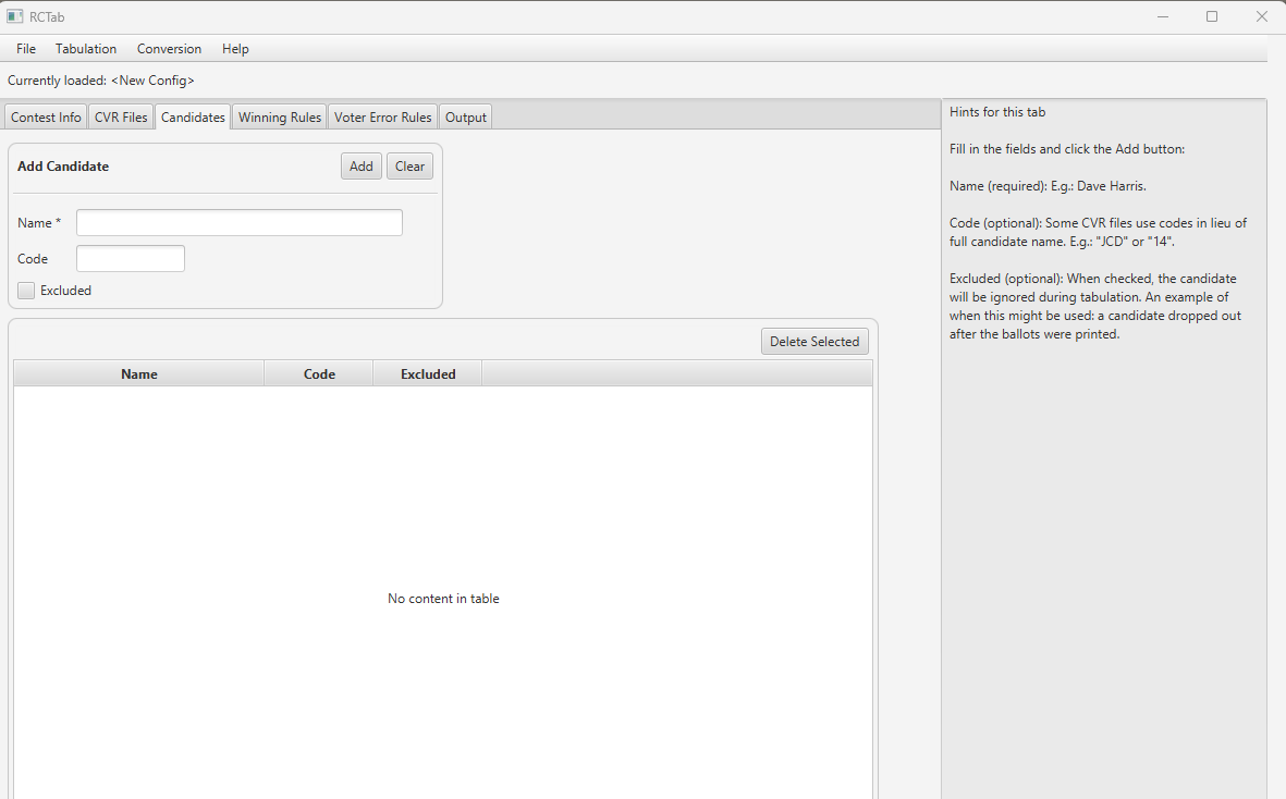 Screenshot of unpopulated RCTab "Candidates" tab