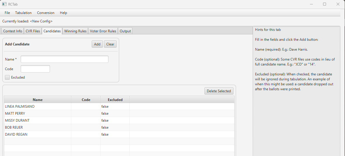 Screenshot of RCTab "Candidates" tab with some candidate names added