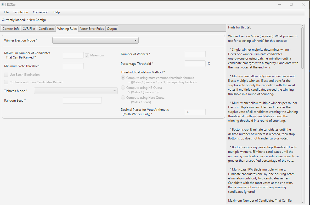 Screenshot of unpopulated RCTab "Winning Rules" tab