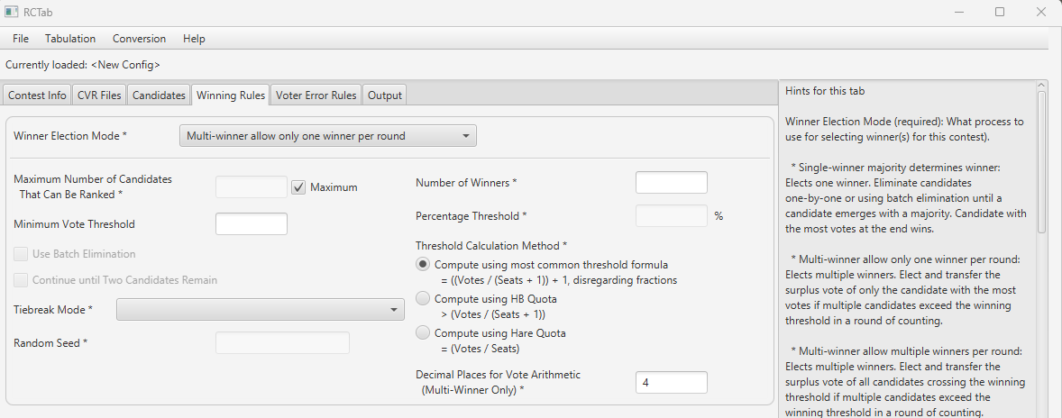Screenshot of "Multi-winner allow only one winner per round" selected on RCTab Tab "Winning Rules" tab for "Winner Election Mode"