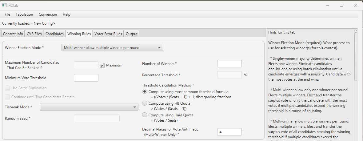 Screenshot of "Multi-winner allow multiple winners per round" selected on RCTab Tab "Winning Rules" tab for "Winner Election Mode"
