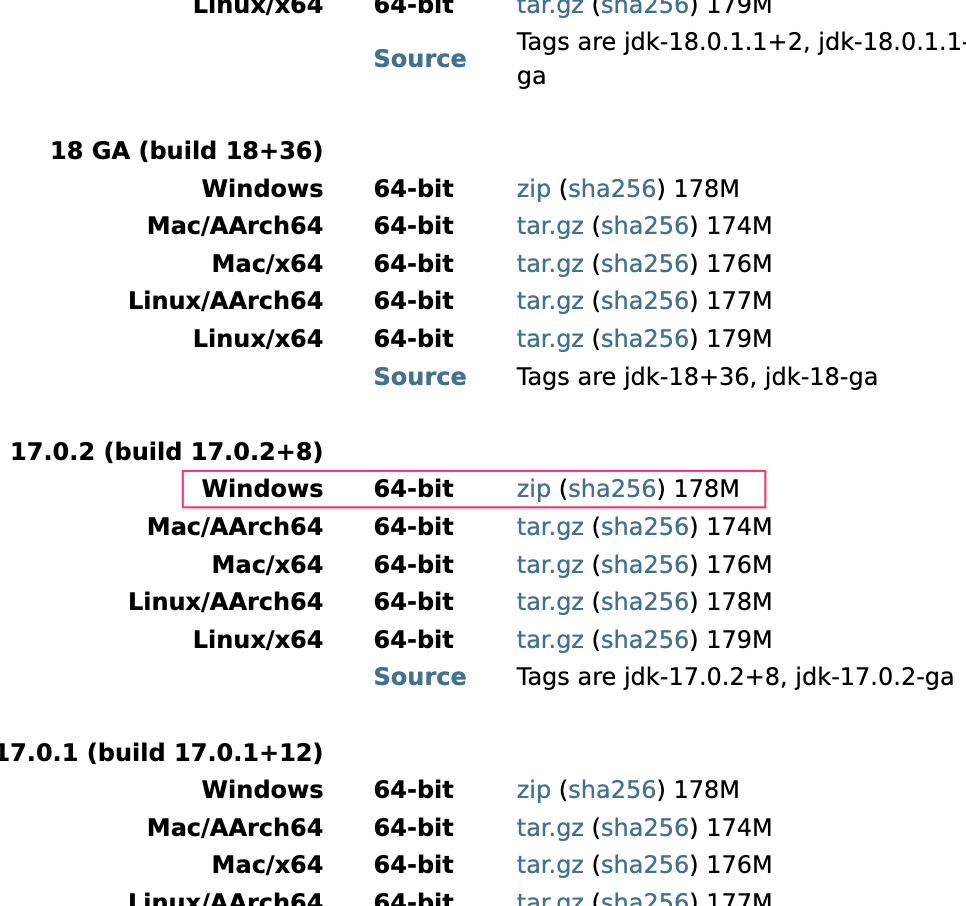 Screenshot from the Oracle website of which JDK version to use