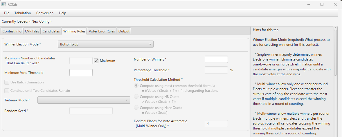 Screenshot of "Bottoms-Up" selected on RCTab Tab "Winning Rules" tab for "Winner Election Mode"