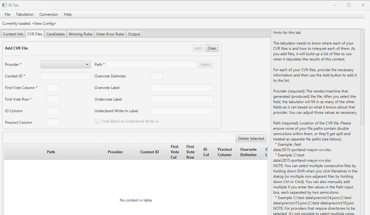 Screenshot of RCTab "CVR Files" option tab upon initial navigation