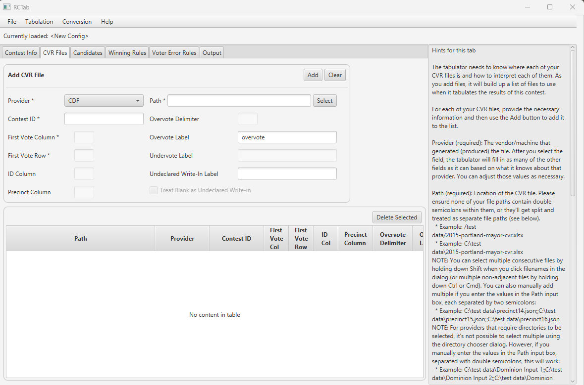 Screenshot of RCTab "CVR Files" tab with "CDF" chosen as "Provider"