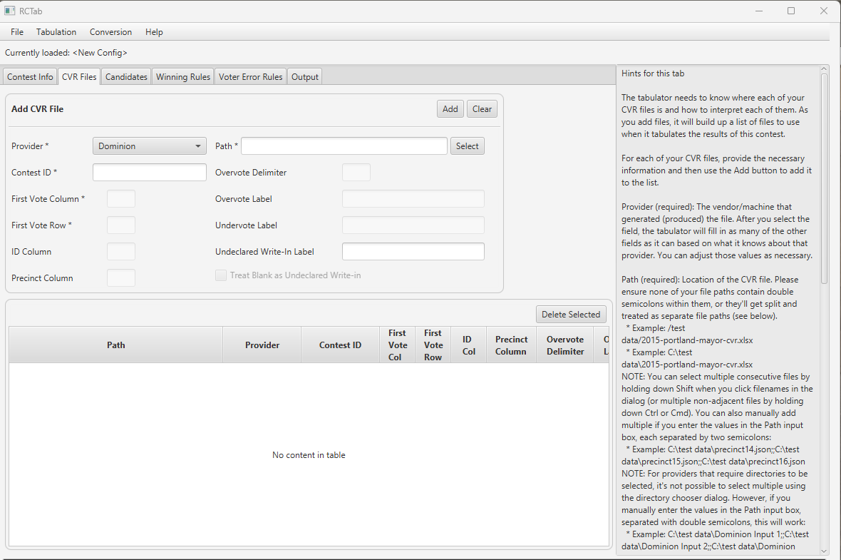 Screenshot of RCTab "CVR Files" tab with "Dominion" chosen as "Provider"