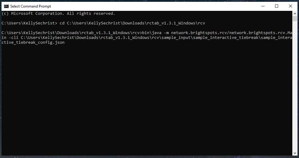 Screenshot of Windows Command Prompt with RCV config file entered