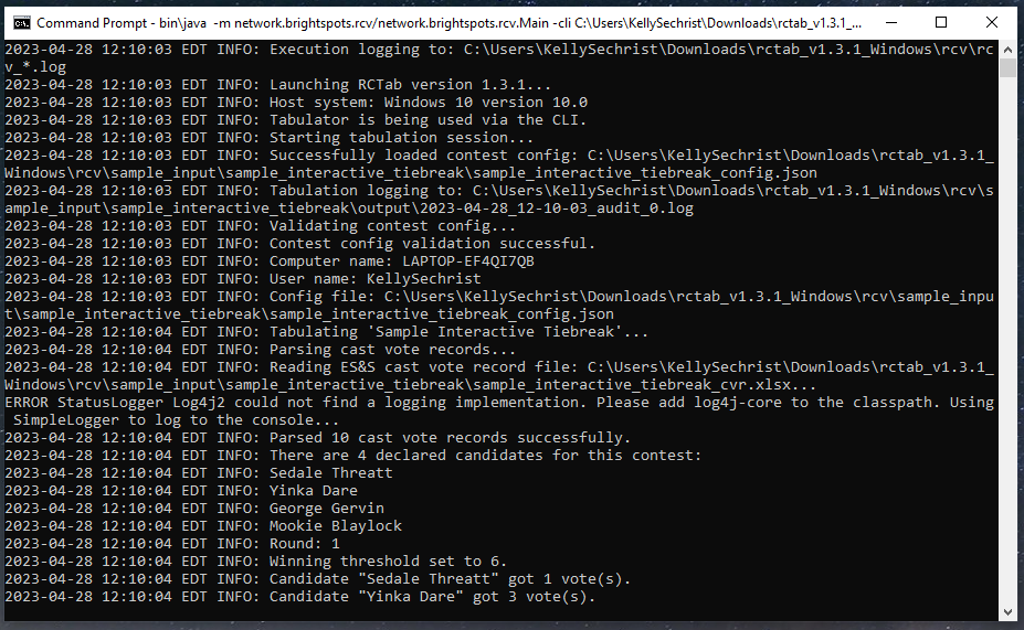 Screenshot of RCTab CLI tabulation running in Windows Command Prompt
