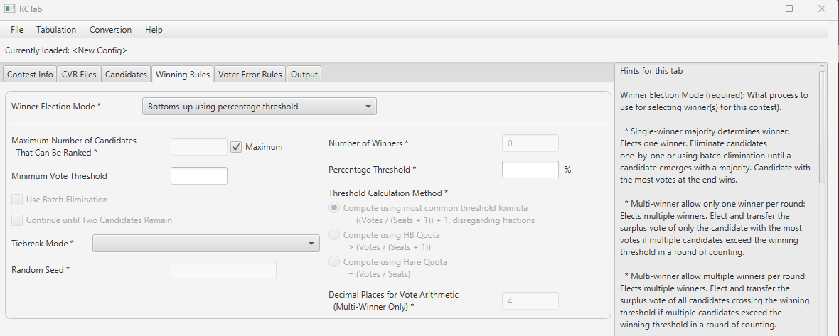 Screenshot of "Bottoms-up using percentage threshold" selected on RCTab Tab "Winning Rules" tab for "Winner Election Mode"