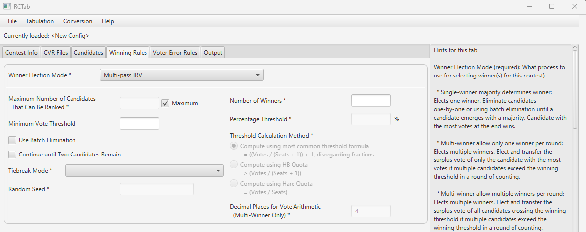 Screenshot of "Multi-pass IRV" selected on RCTab Tab "Winning Rules" tab for "Winner Election Mode"