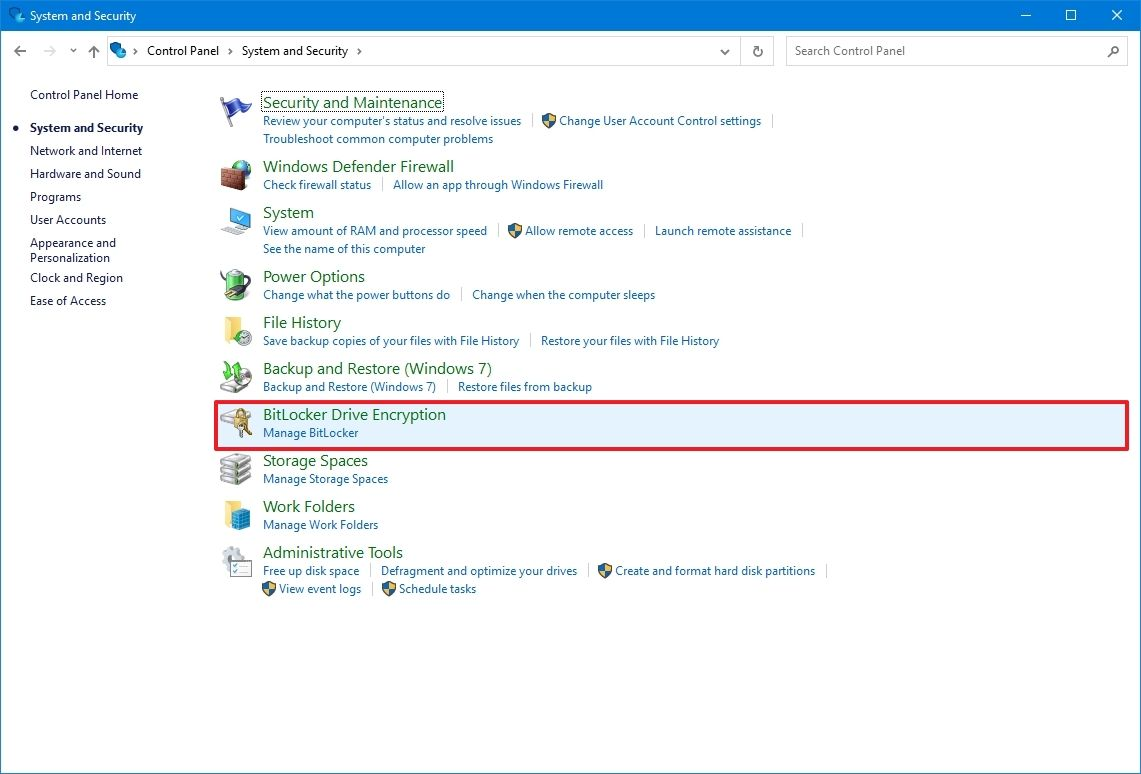 Screenshot of selecting "BitLocker Drive Encryption" in Windows Control Panel's "System and Security" settings