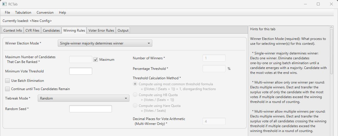 Screenshot of selecting "Random" as the "Tiebreaker Mode" in RCTab "Winning Rules" tab