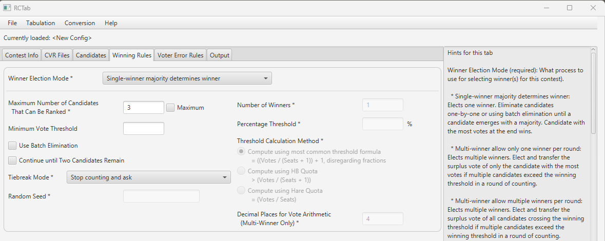 Screenshot of selecting "Stop counting and ask" as the "Tiebreaker Mode" in RCTab "Winning Rules" tab