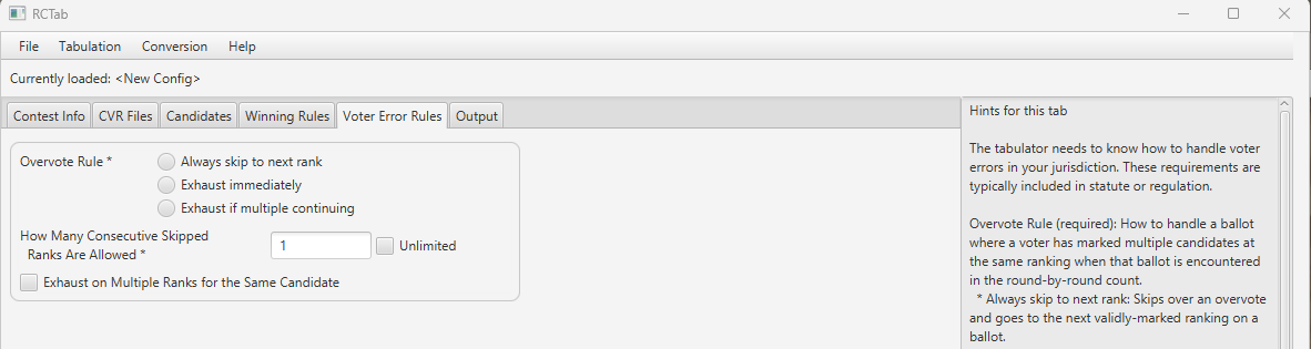 Screenshot of unpopulated RCTab "Voter Error Rules" setting tab