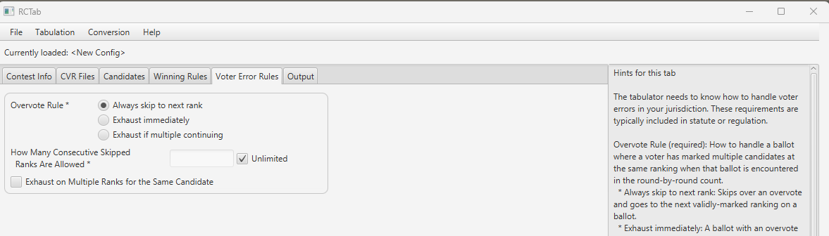 Screenshot of "Always skip to next rank" selected for "Overvote Rule" and "Unlimited" selected for "How Many Consecutive Skipped Ranks Are Allowed" in RCTab "Voter Error Rules" tab