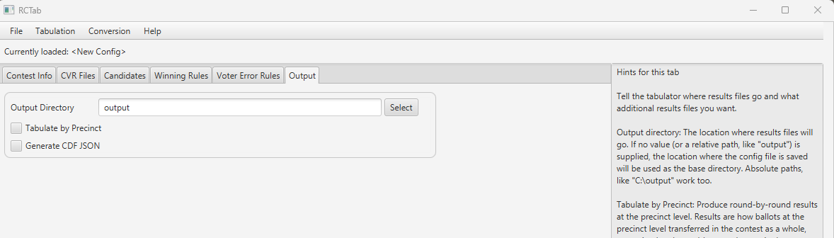 Screenshot of unpopulated RCTab "Output" setting tab