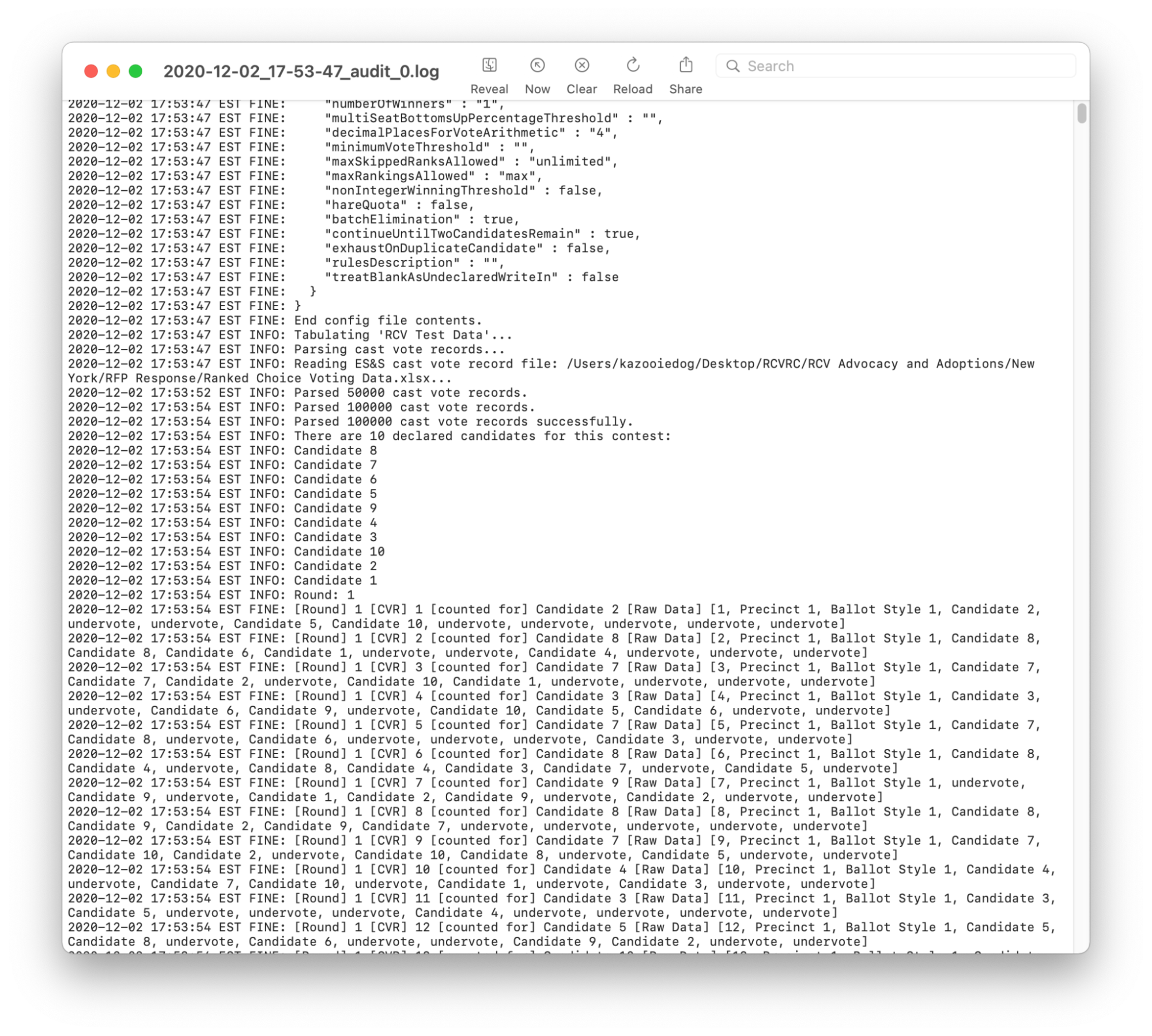 Screenshot of an RCTab audit log