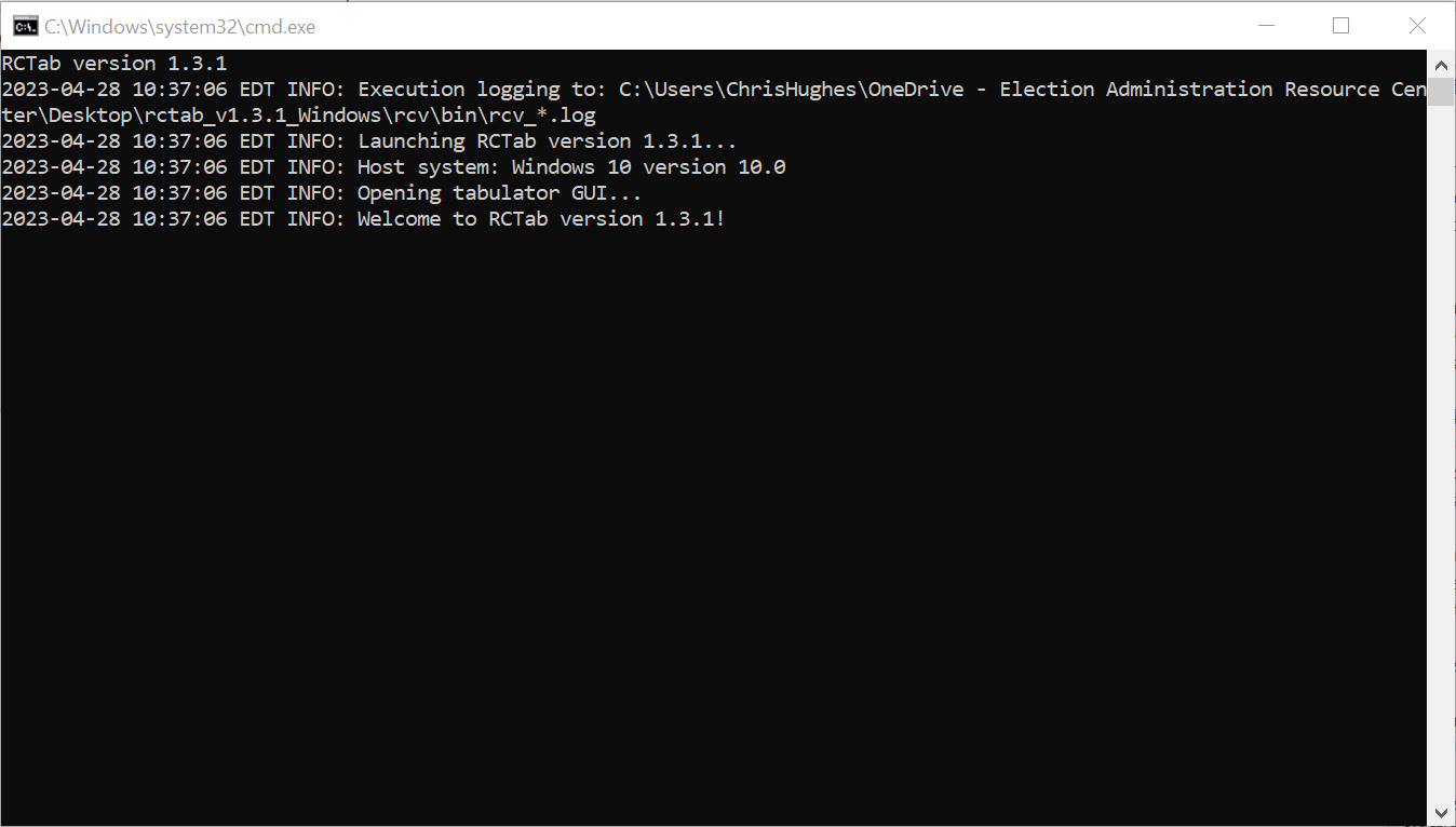 Screenshot of Windows Command Prompt running script to start up RCTab 1.3.1 GUI