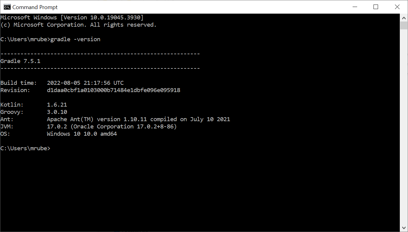 Screenshot of Windows Command Prompt with output showing Gradle version