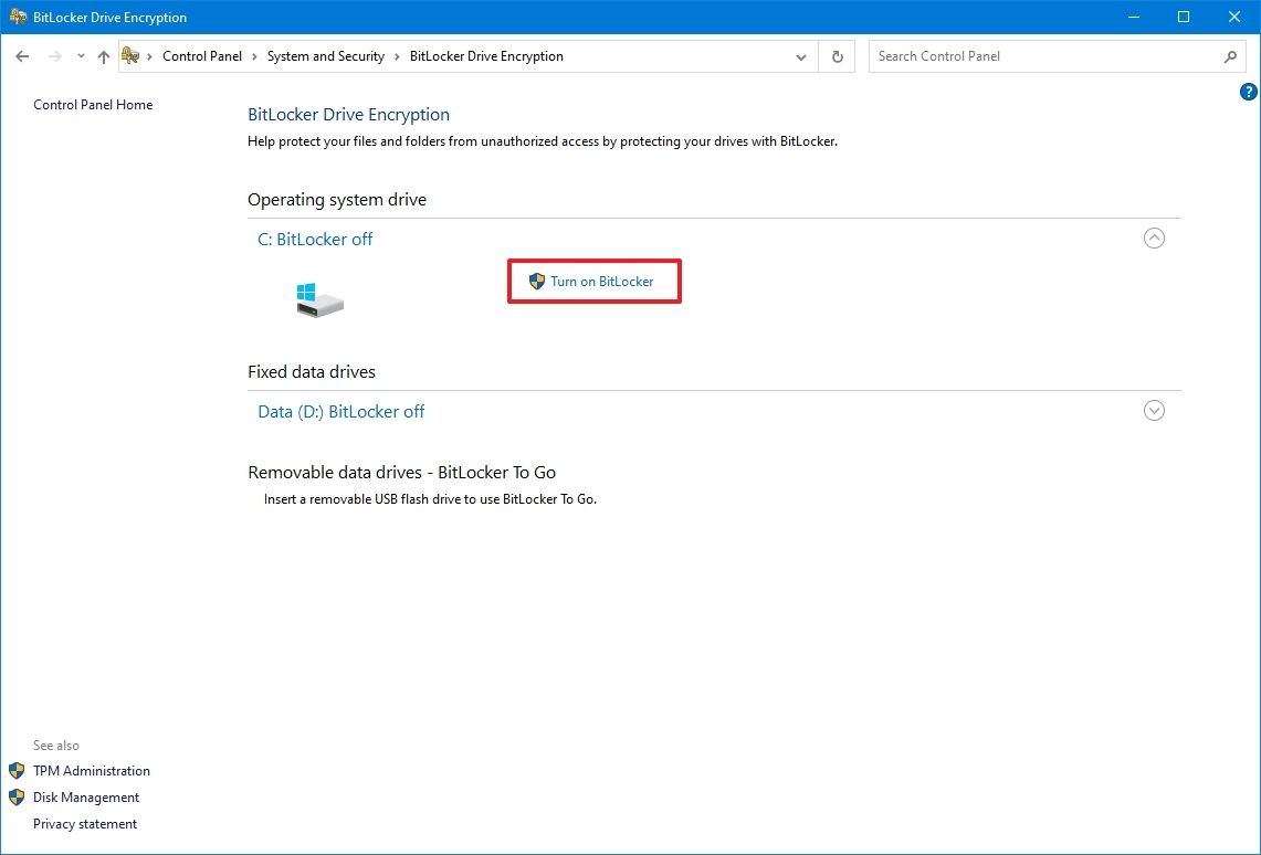 Screenshot of turning on BitLocker in Windows Control Panel's "BitLocker Drive Encryption" settings