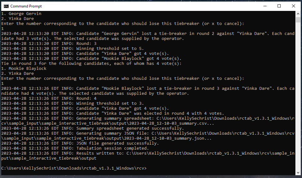 Screenshot of RCTab CLI tabulation completed and results written to files in Windows Command Prompt