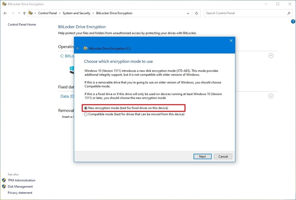 Screenshot of selecting "New encryption mode" in Windows BitLocker settings popup