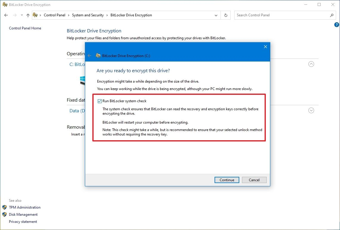 Screenshot of selecting "Run BitLocker system check" in Windows BitLocker settings popup