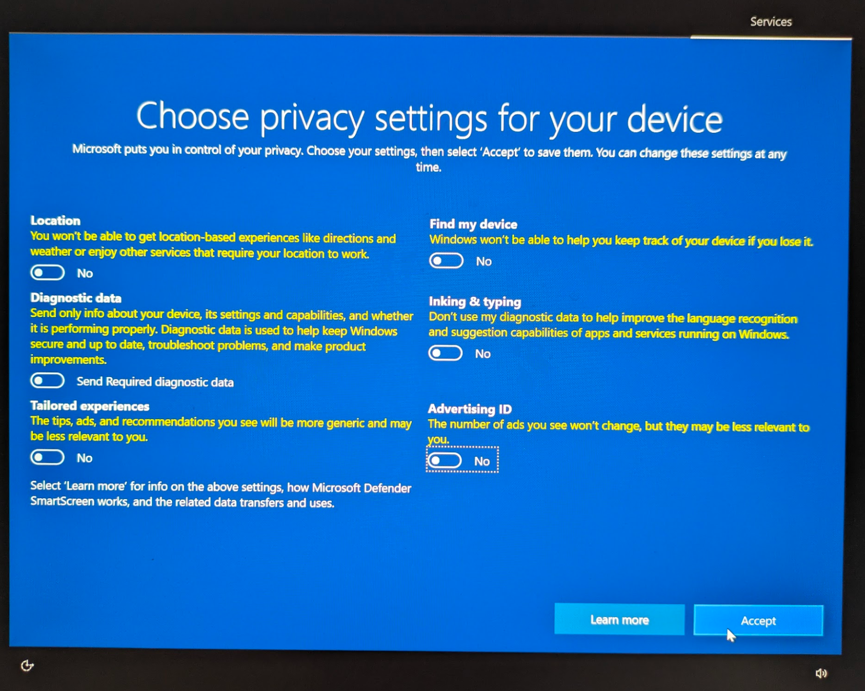 Disabling all Windows telemetry on Windows OS install "Choose privacy settings for your device" screen