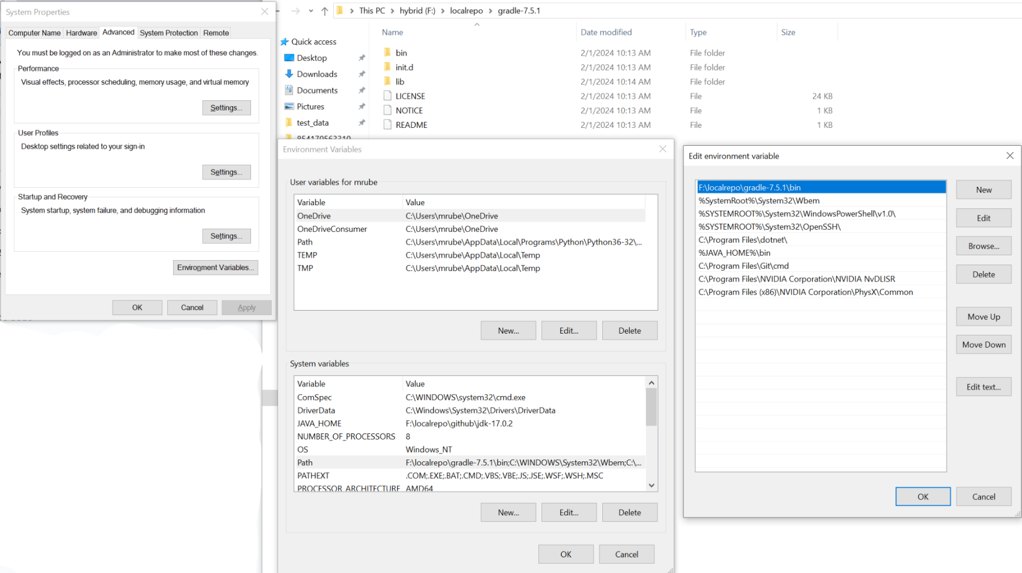 Screenshot of editing the Gradle environmental variable in Windows